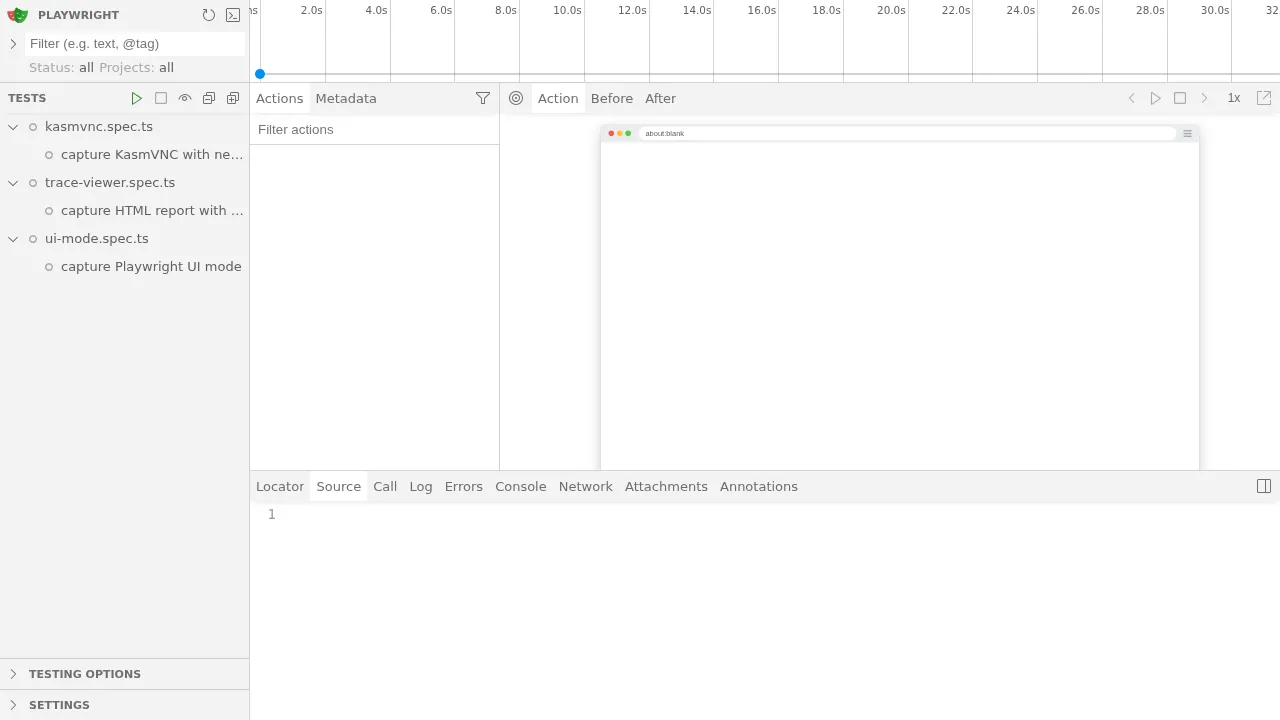 Playwright UI mode interface showing the test tree on the left with three spec files, the timeline bar along the top, an empty browser preview in the middle, and the Locator/Source/Call/Log/Errors/Console/Network/Attachments/Annotations tab bar at the bottom