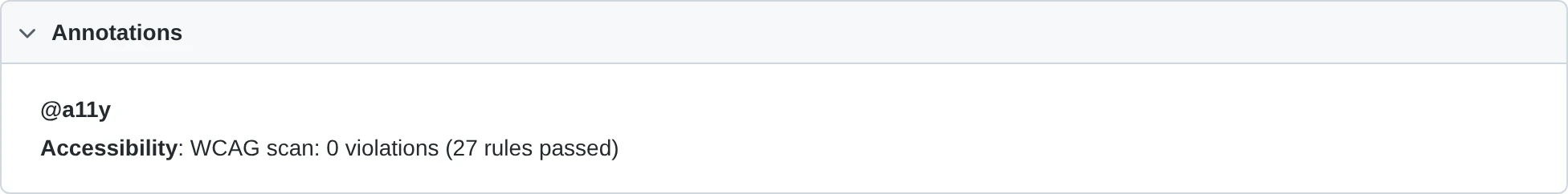 Annotations section showing the @a11y tag and a WCAG scan summary