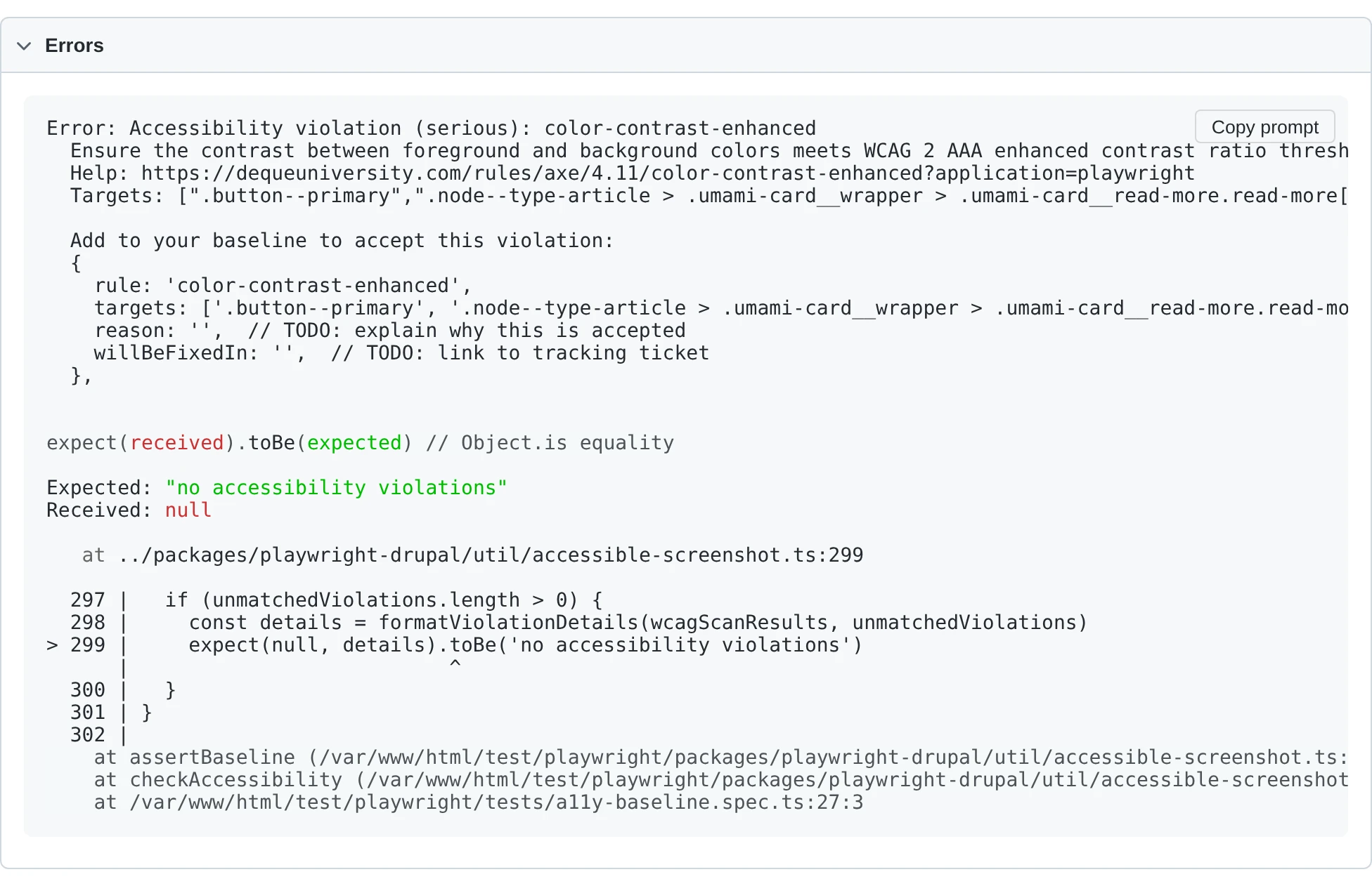 Playwright error output showing violation details, help URL, and a ready-to-paste baseline entry