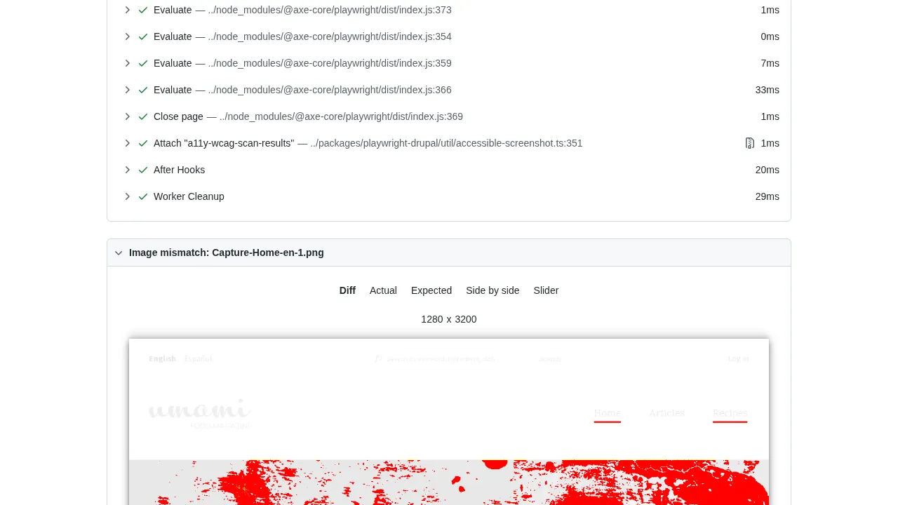 Playwright HTML report showing a failed visual comparison with the Diff/Actual/Expected/Side by side/Slider pane selector at the top, image dimensions, and red diff highlighting over the rendered page below