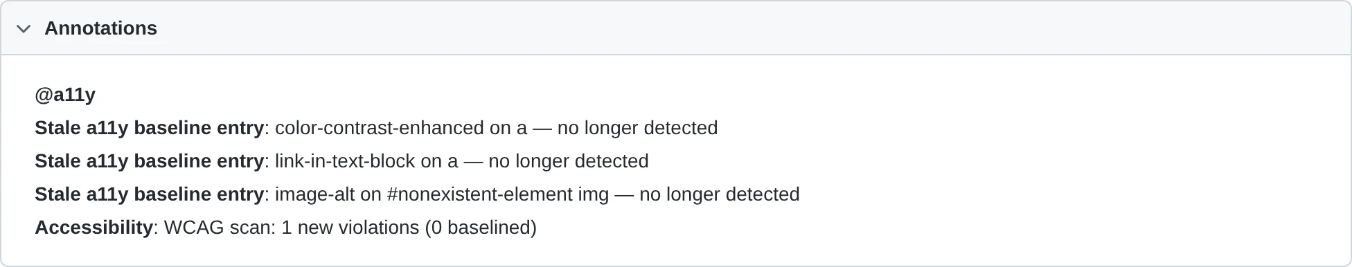 Report annotations listing baselined violations alongside a stale baseline entry