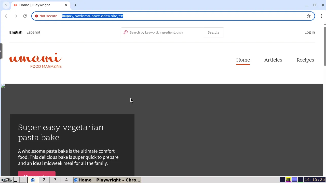 KasmVNC remote desktop in a host browser, with a Playwright-driven headed Chromium window visible inside the remote desktop showing the Umami home page