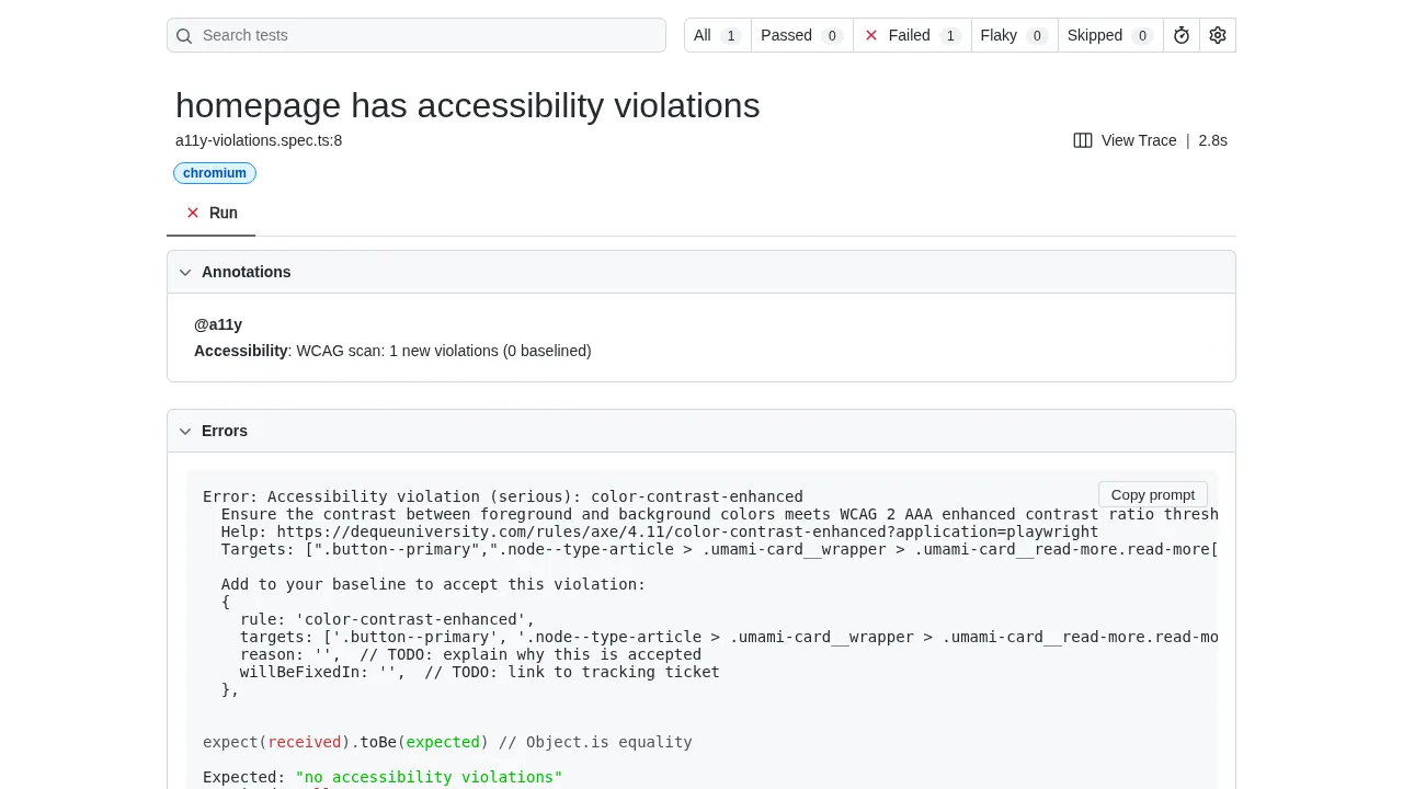 Playwright HTML report showing a failed test detail view with the "View Trace" link visible next to the test title, the @a11y annotation, and the accessibility violation error output