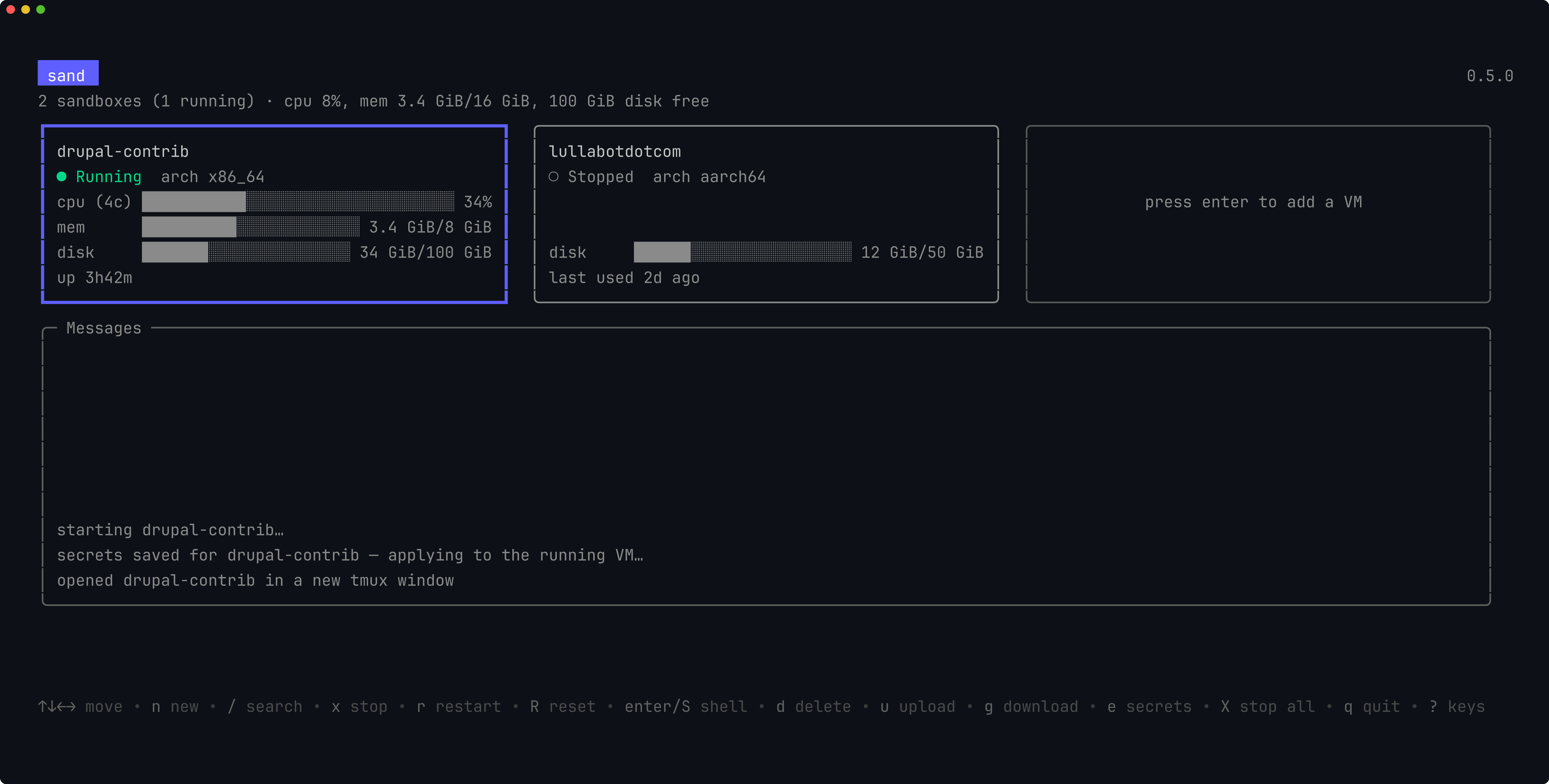 The sand board: a running 'drupal-contrib' VM and a stopped 'lullabotdotcom' VM as tiles, with a Messages pane and keybinding footer.