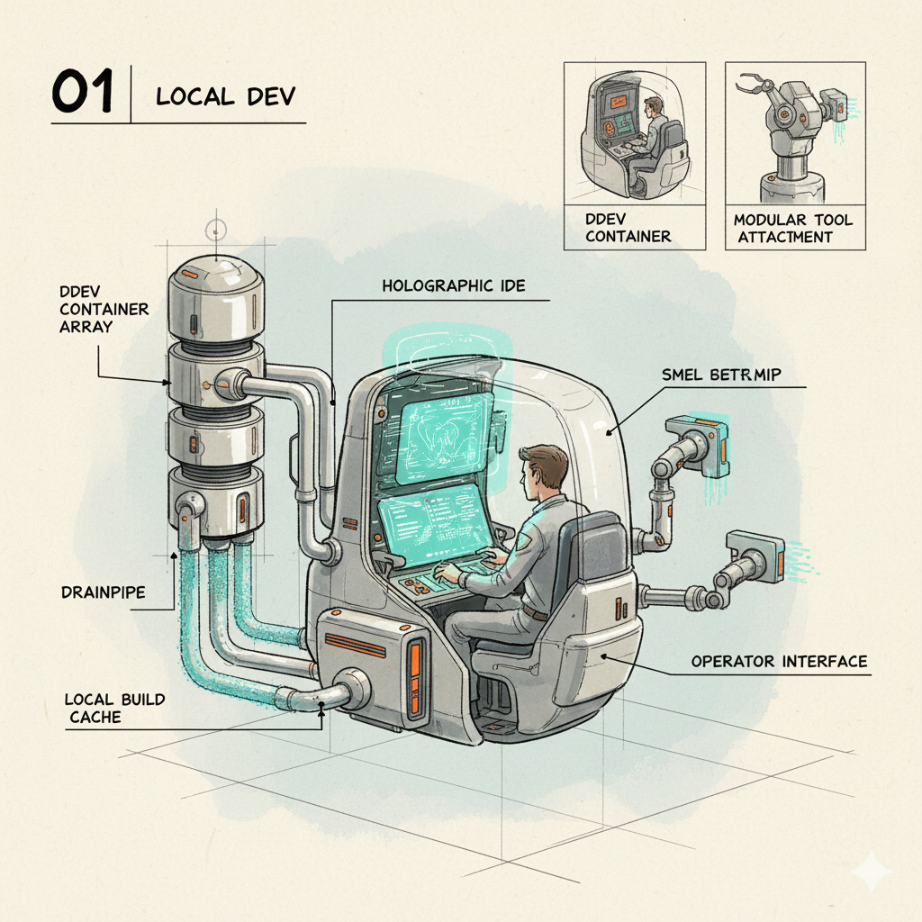Local Development - Syd Mead inspired concept art showing a personal development workstation pod with DDEV containers and Drainpipe conduits