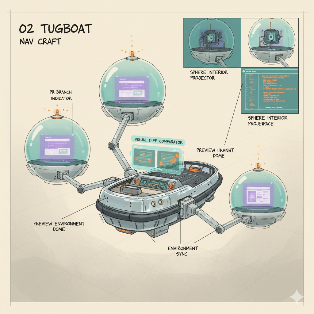 Tugboat - Syd Mead inspired concept art showing floating preview environment spheres with a tugboat control craft