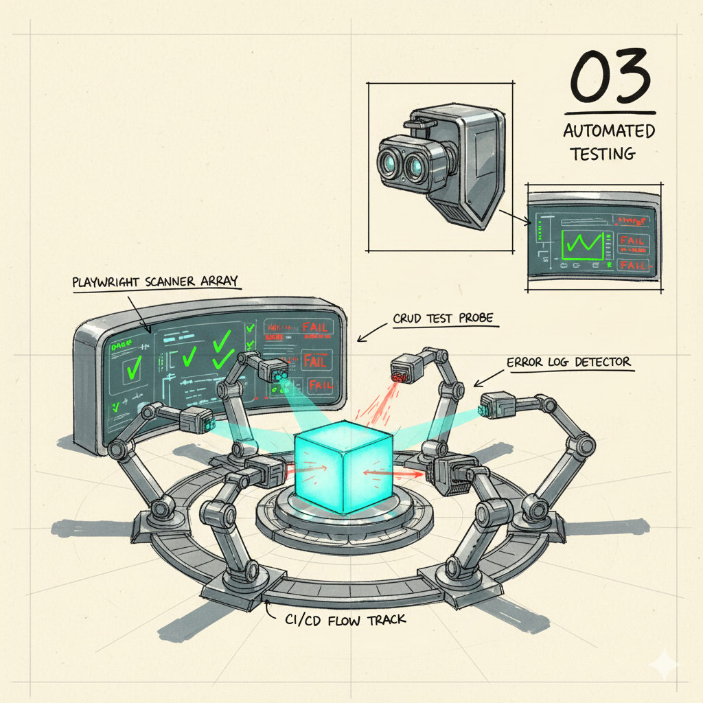 Automated Testing - Syd Mead inspired concept art showing robotic scanner arrays performing automated quality inspections