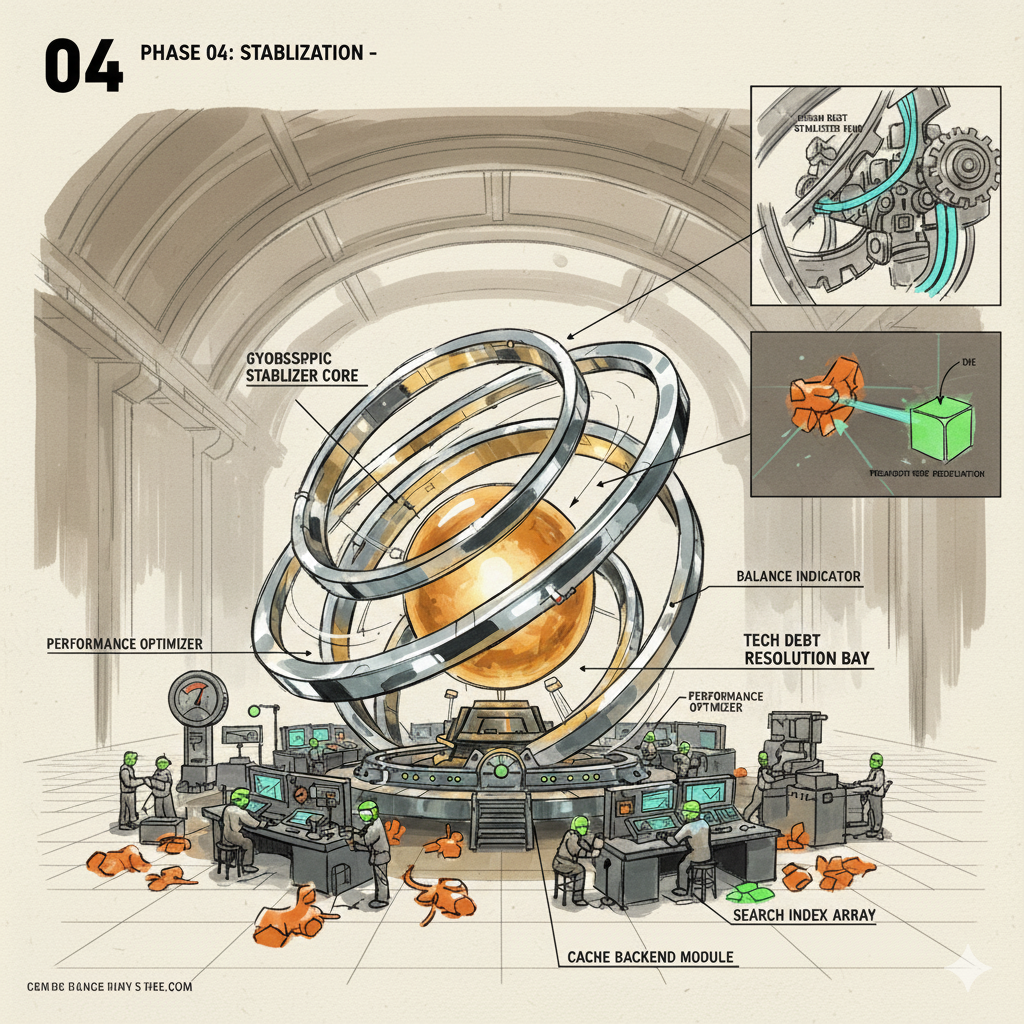 Stabilization - Syd Mead inspired concept art showing a massive gyroscopic stabilizer core with tech debt resolution bays