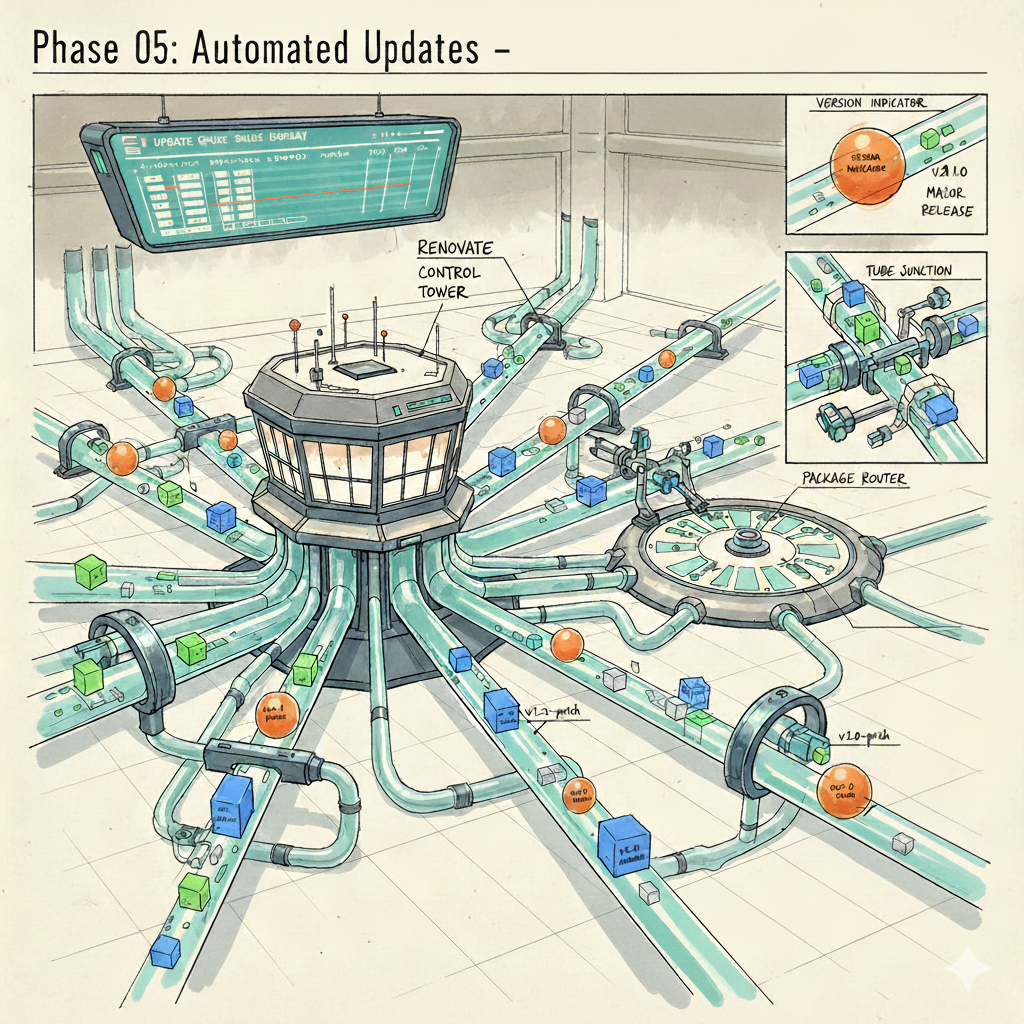 Automated Updates - Syd Mead inspired concept art showing a Renovate control tower with flowing package distribution tubes